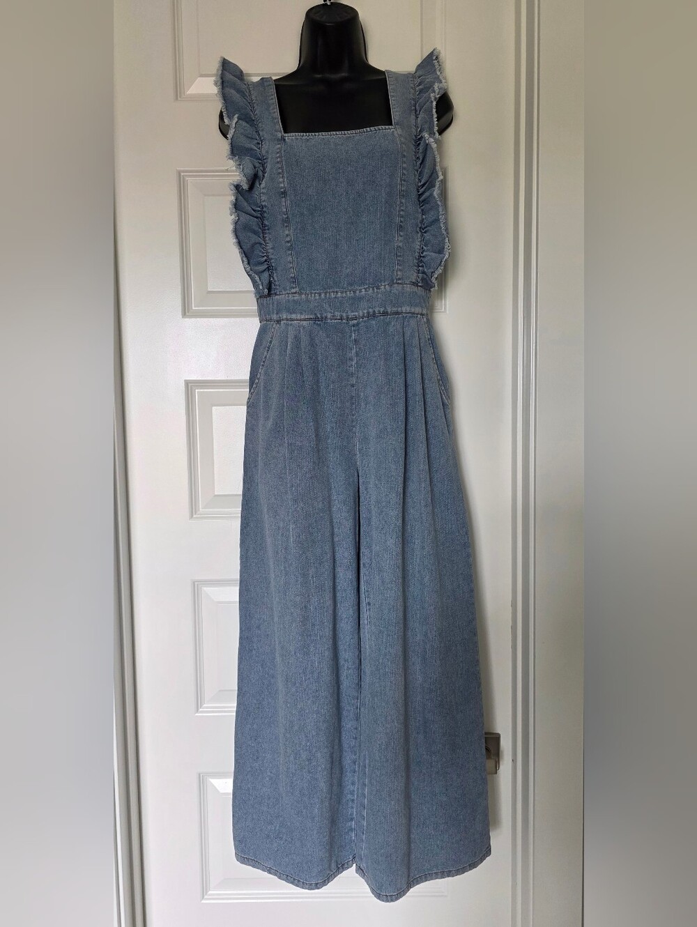 Light Blue Denim Ruffled Wide-Leg Jumpsuit